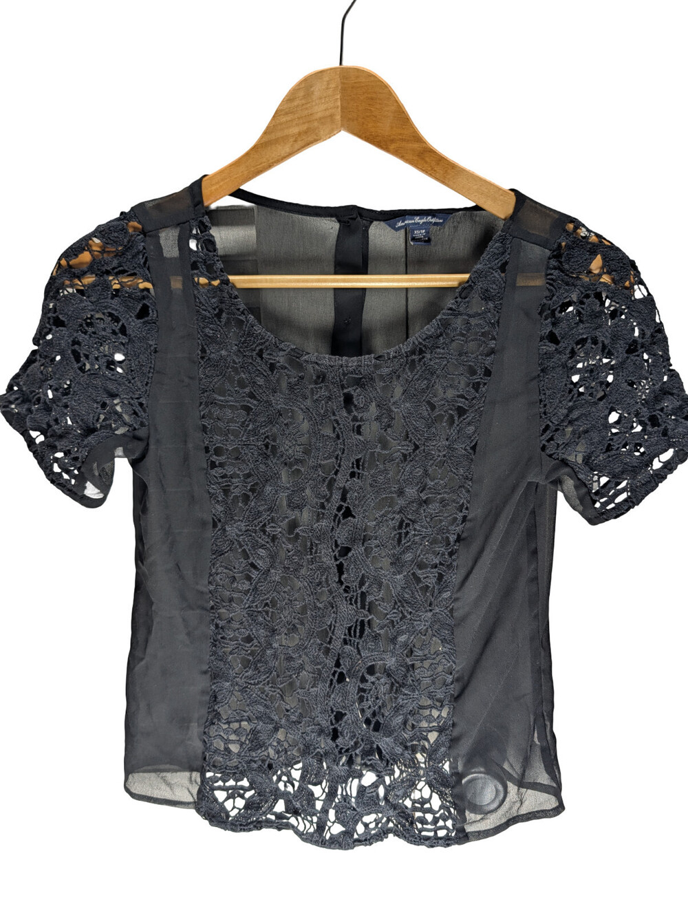 American Eagle Blouse Lace Overlay Sheer Black Top